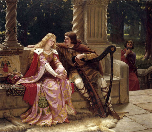 Barde und Maid mit keltischer Harfe
