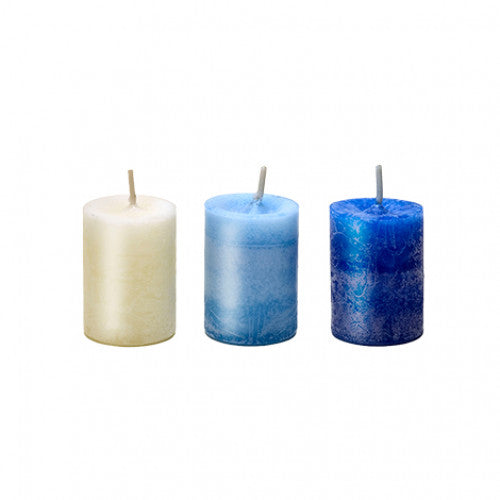 Dreierset Heilung aus einer weissen, hellblauen und dunkelblauen Kerze