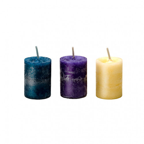 Gutes Karma - Kerzen Dreierset aus petrol, violetter und hellgelber Kerze, bei Schwarzer Kater